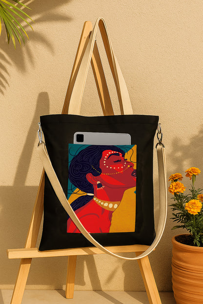 Abstract Woman Women's Girls Cross Body Sling Bag with Extra Front Pocket, College Bag for Girls, Tote Bag for Shopping,Travel