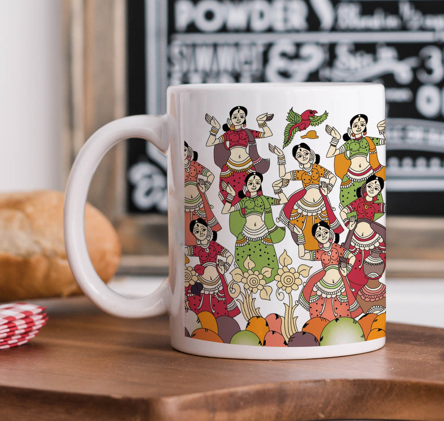 Traditional Kalamkari Seamless Pattern Mug and Keychain Combo 330 ml Coffee Mug