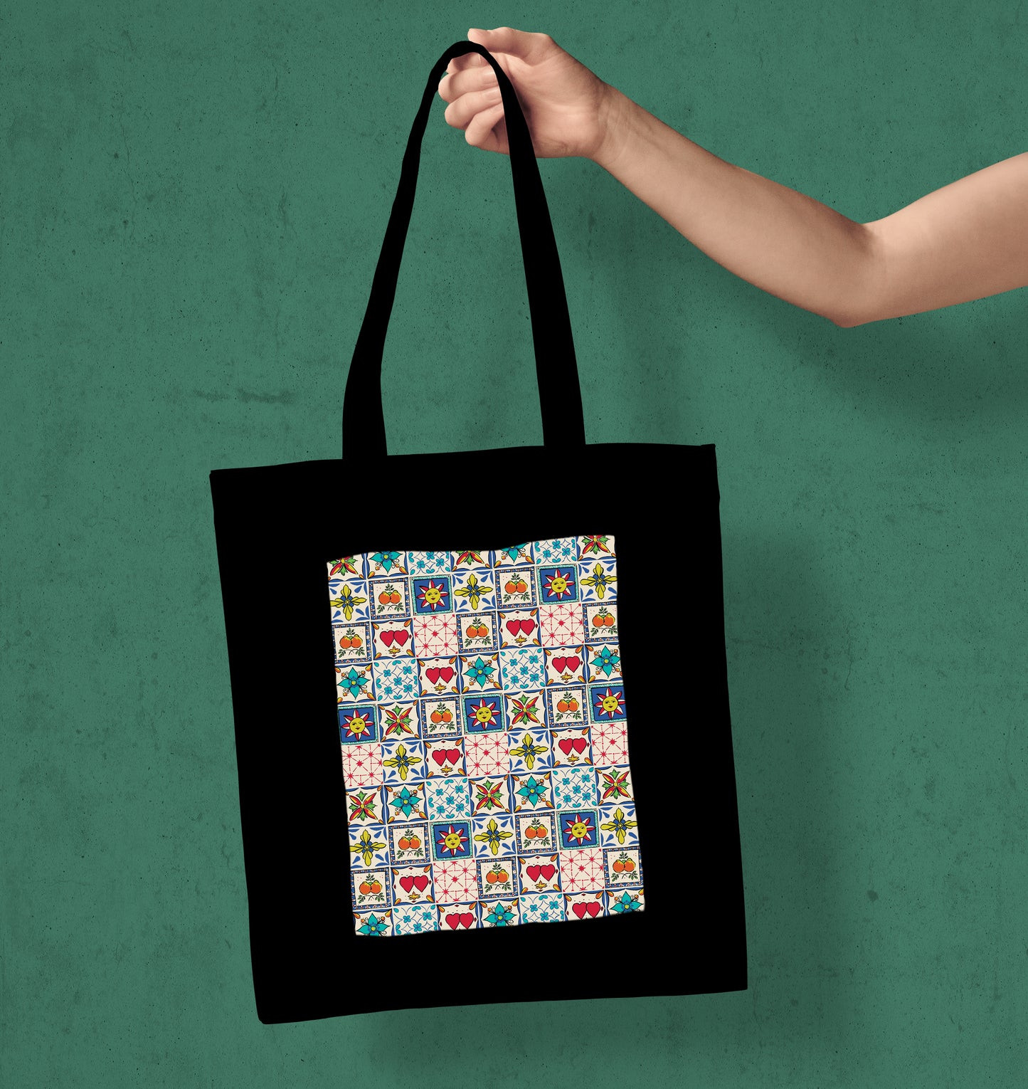 Colorful tile hearts and flowers Design Printed Black Patch With Pocket Tote Bag (14 X 16 Inches) For Shopping, College, Travel