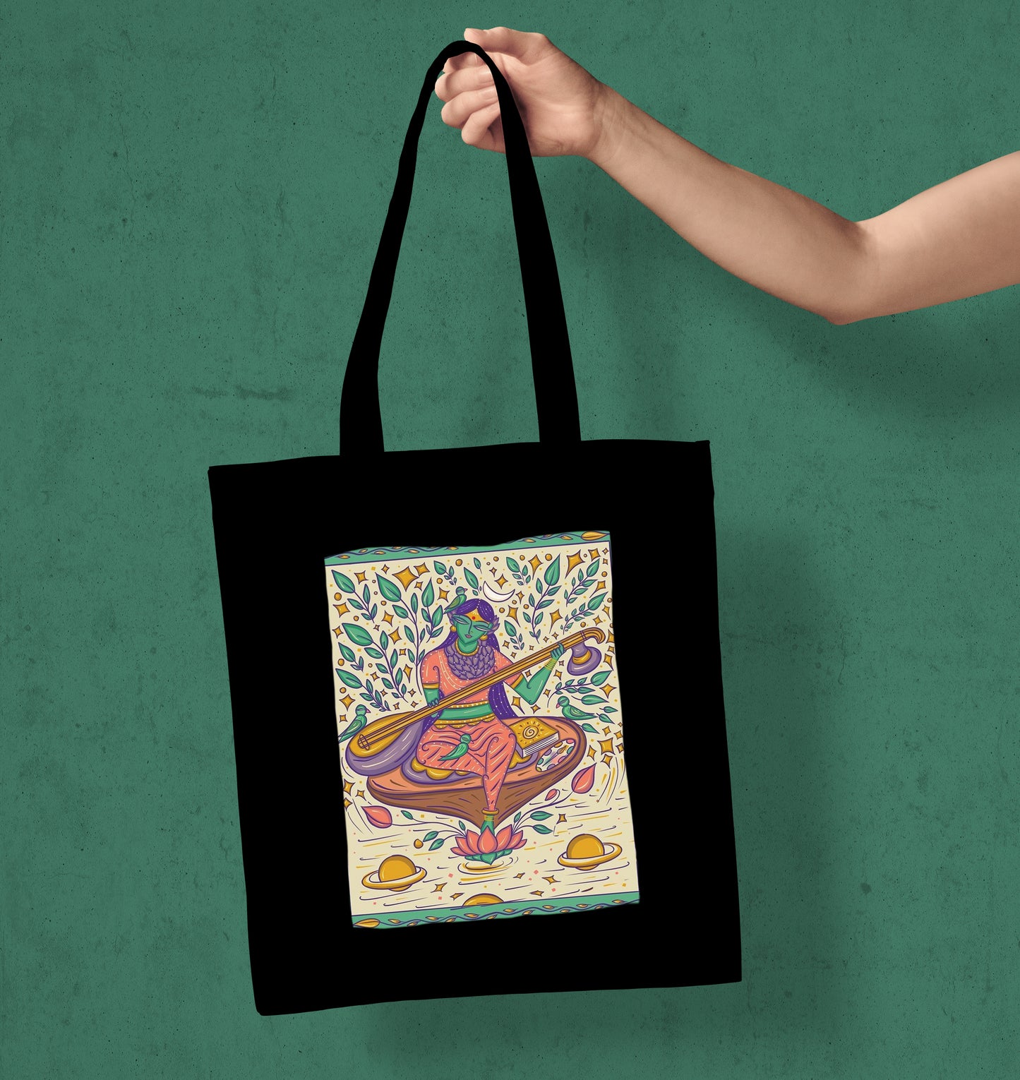 Indian Bengal Folk Art Design Printed Black Patch With Pocket Tote Bag (14 X 16 Inches) For Shopping, College, Travel