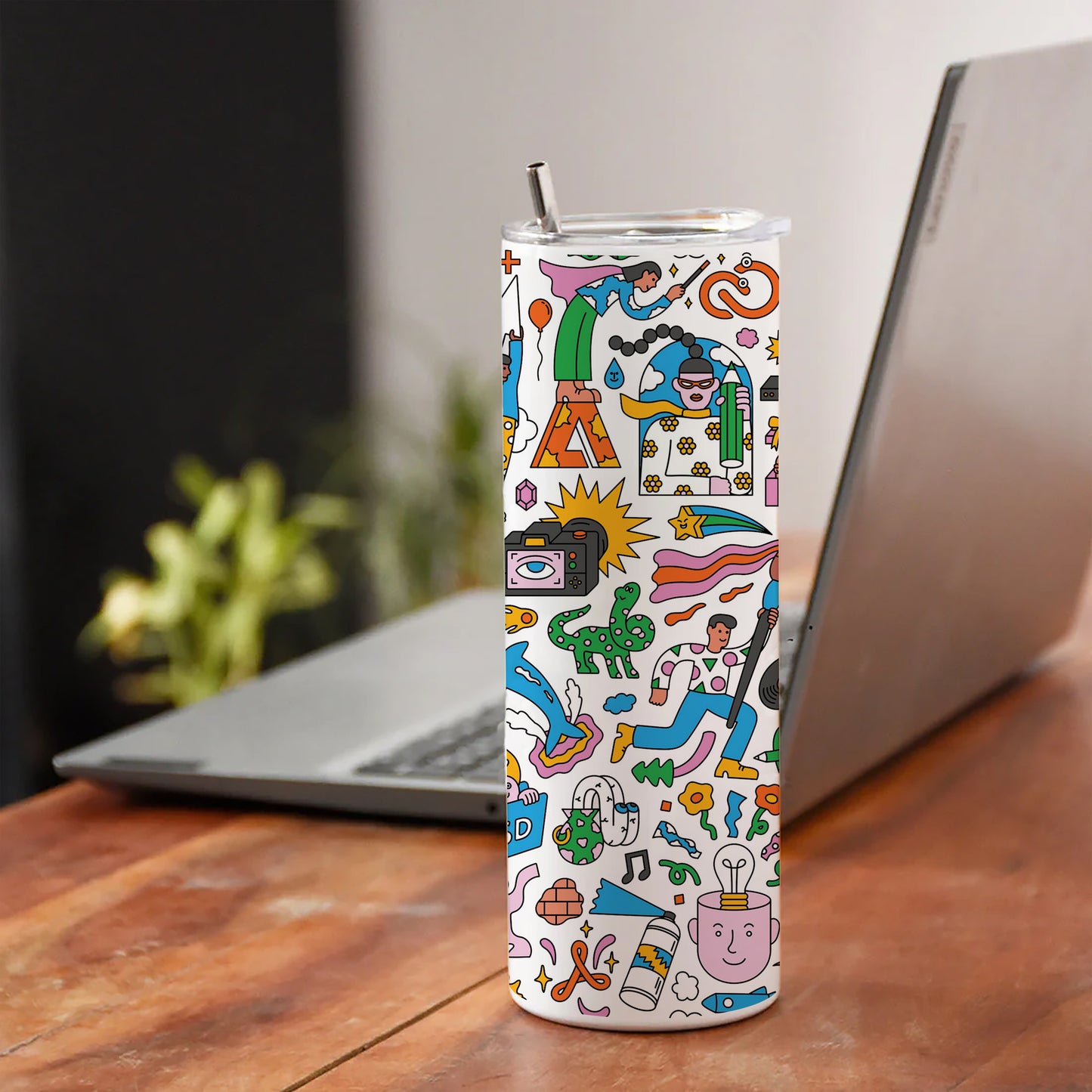 Colorful Hand drawing Doodle art Printed 750ML with Lid Leak Proof Travel Tumbler with Straw