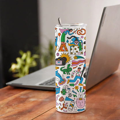 Colorful Hand drawing Doodle art Printed 750ML with Lid Leak Proof Travel Tumbler with Straw