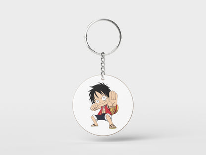 Child Monkey D Luffy  Sticker Design Printed Circle Shape Wooden Keyring with Chain