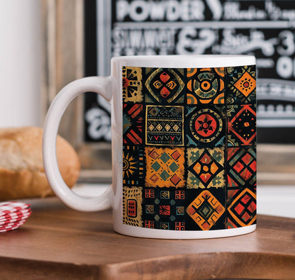 Colorful African Seamless Pattern Printed 330 ml White Coffee Mug with Square Shape Wooden Keyring and Chain