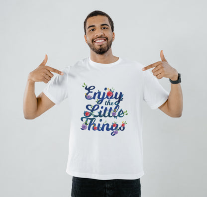 Slogan with hand drawn flowers design Printed White Round Neck Polyester T Shirt for Mens and woman's