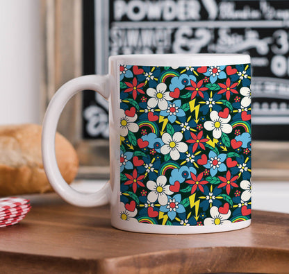 Rainbow and heart Floral Pattern Printed 330 ml White Coffee Mug with Square Shape Wooden Keyring and Chain
