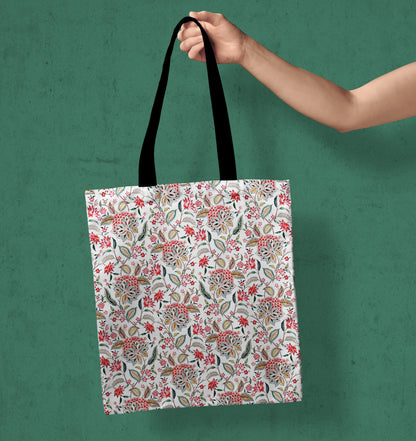 Beautiful Floral Printed Black Handle Tote Bag (14 X 16 Inches) For Shopping, College, Travel