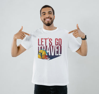 Motivational poster, placard, picture with grunge texture, red sneakers, yellow backpack Printed White Round Neck Polyester T Shirt for Mens and woman's