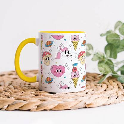 Hand drawn flat trendy cartoon pattern Yellow Handle 330 ml Coffee Mug
