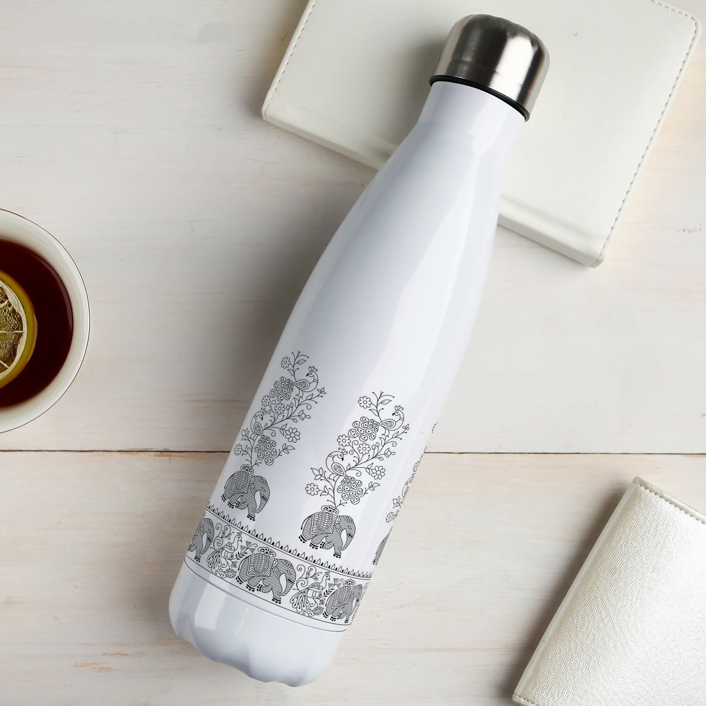 Seamless black and white elephant and peacock pattern Cola Bottle 500ml School Bottle, Picnic Bottle, Leak Proof