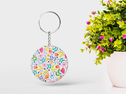 Amazing seamless floral pattern Printed Round Circle Shape Wooden Keyring with Chain