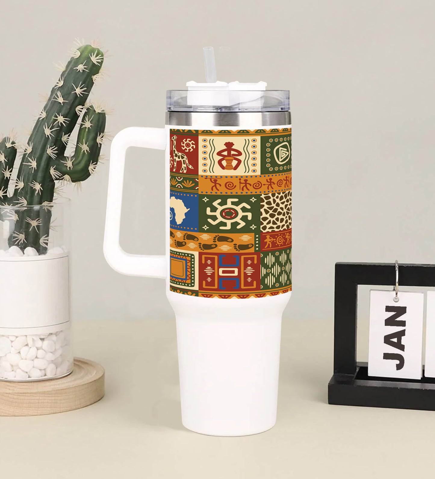 Flat African pattern 3 design Printed 850ML with Lid Leak Proof Big Travel Tumbler with Handle and Straw