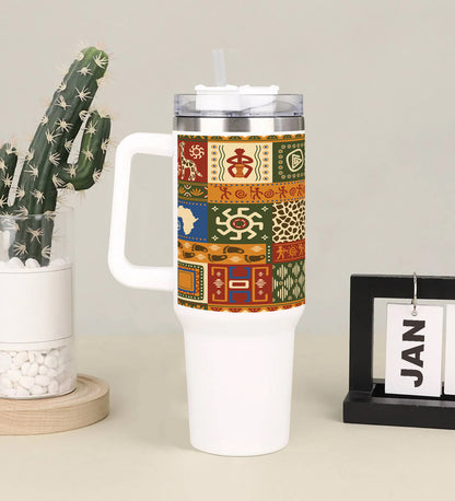 Flat African pattern 3 design Printed 850ML with Lid Leak Proof Big Travel Tumbler with Handle and Straw
