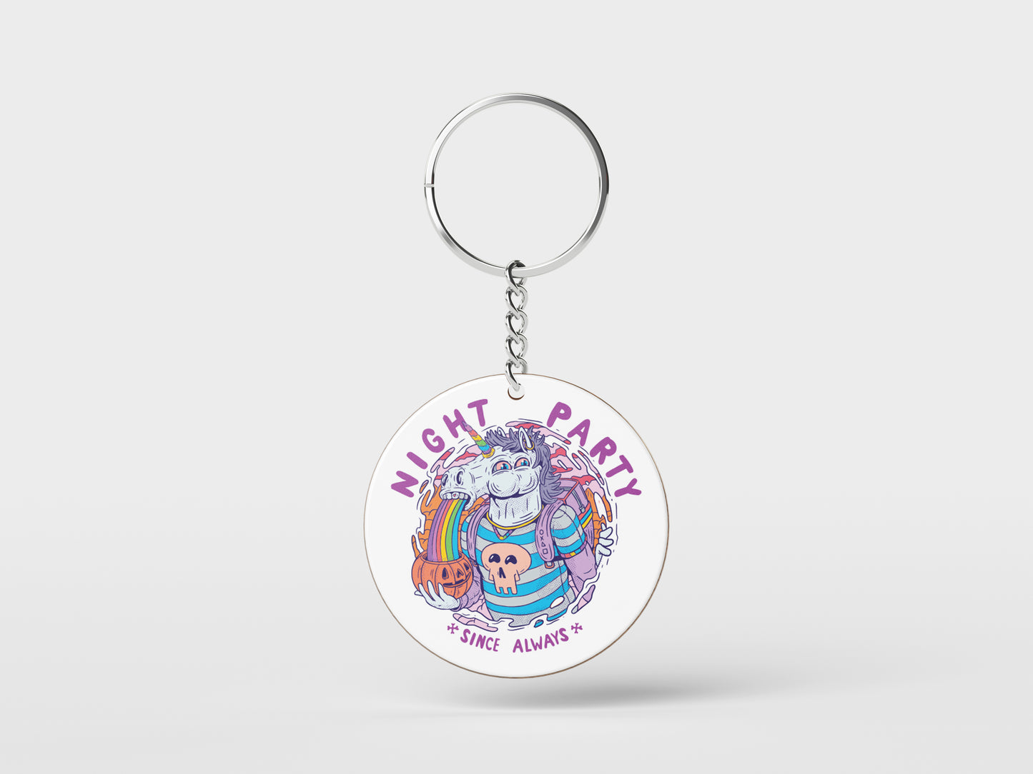 Creative and colorful creature illustration Design Printed Circle Shape Wooden Keyring with Chain