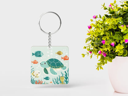 There are sea turtles swimming in the ocean with corals Nursery Painting Printed Square Shape Wooden Keyring with Chain