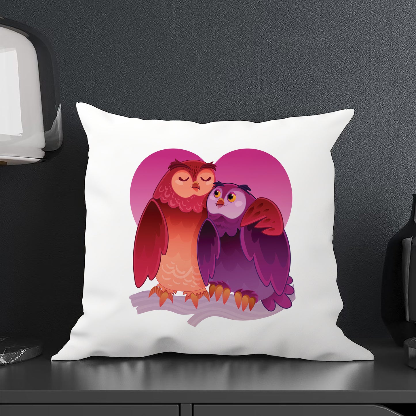 Valentines Day Owl Couple Vector Art Design Cushion (12x12 inches) Pack of 1