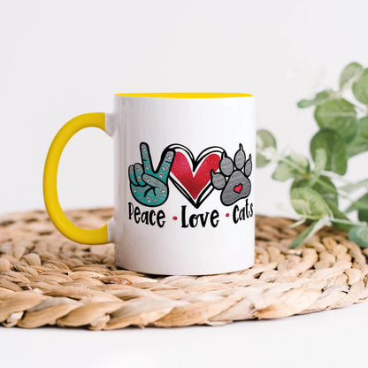 Peace Love cats design Yellow Handle 330 ml Coffee Mug