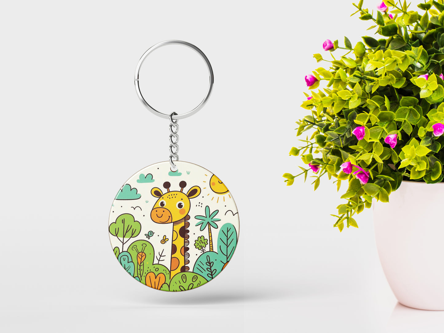 A cartoon drawing of giraffes and trees Printed Round Circle Shape Wooden Keyring with Chain