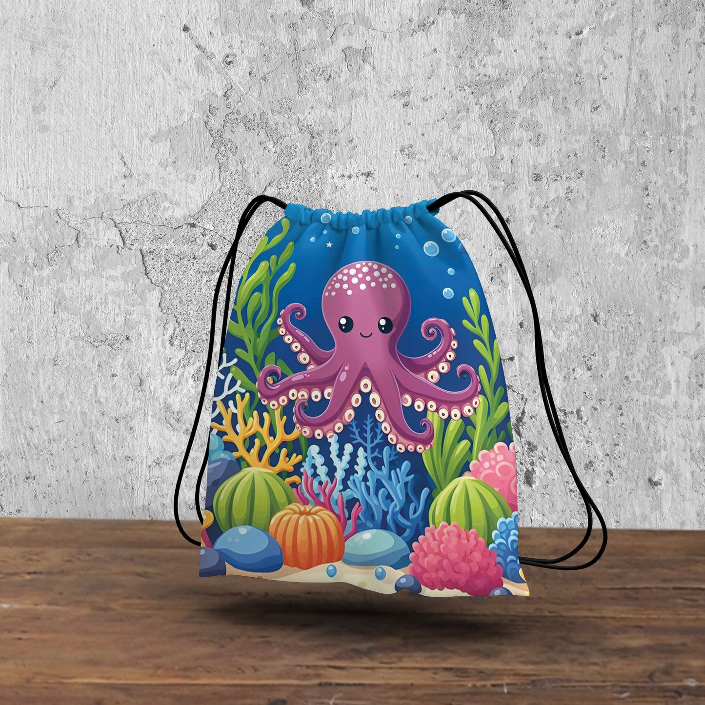 Octopus in Blue Sea Pattern Polyester String Backpack Bags for kids for Gym, Yoga, Tuition ,Beach Bag for 4-10 year boys and girls