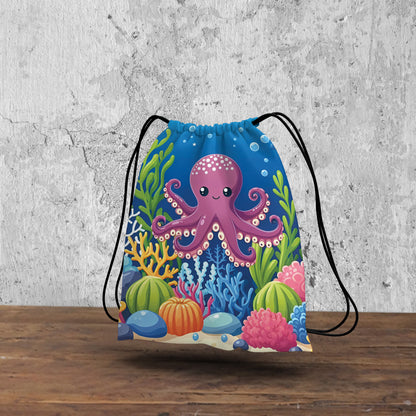 Octopus in Blue Sea Pattern Polyester String Backpack Bags for kids for Gym, Yoga, Tuition ,Beach Bag for 4-10 year boys and girls