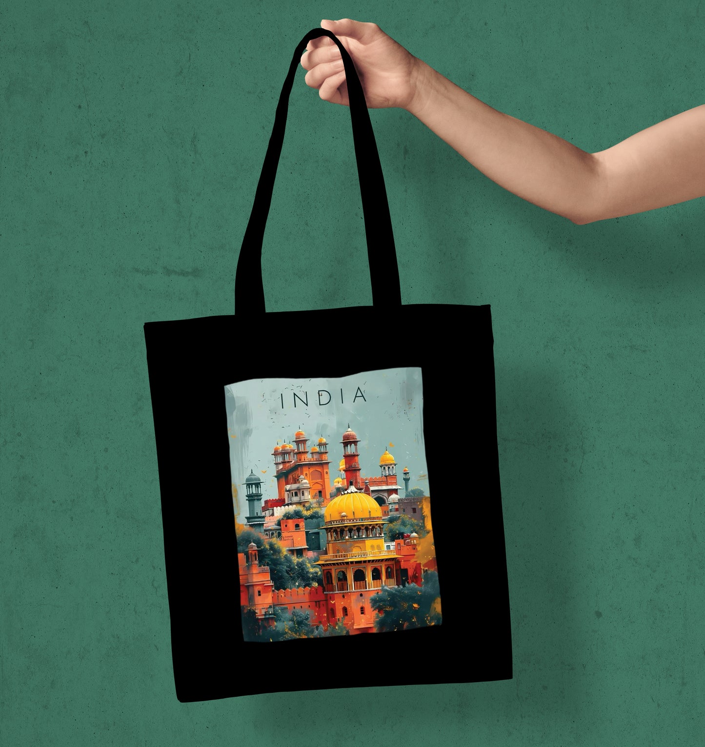 Indian Fort Vector Design Printed Black Patch With Pocket Tote Bag (14 X 16 Inches) For Shopping, College, Travel