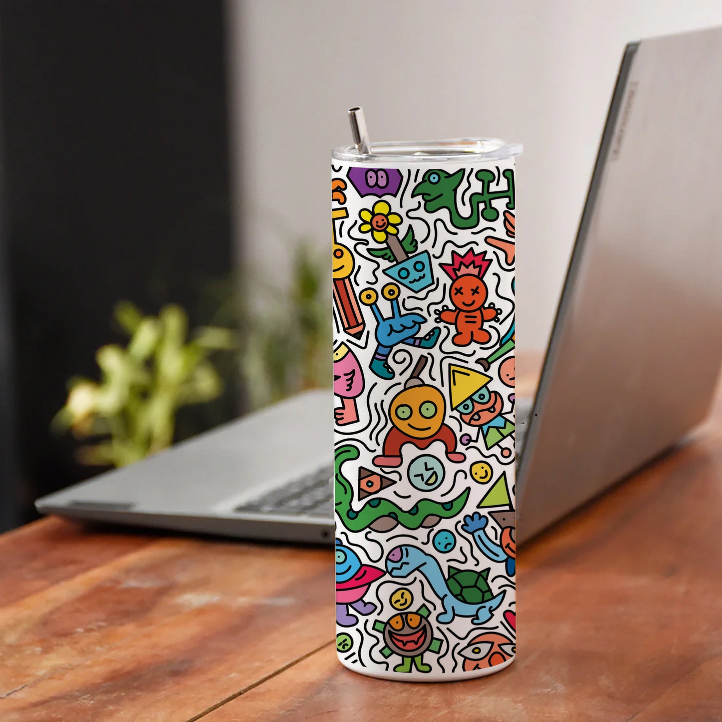 Cute colorful doodle pattern Printed 750ML with Lid Leak Proof Travel Tumbler with Straw