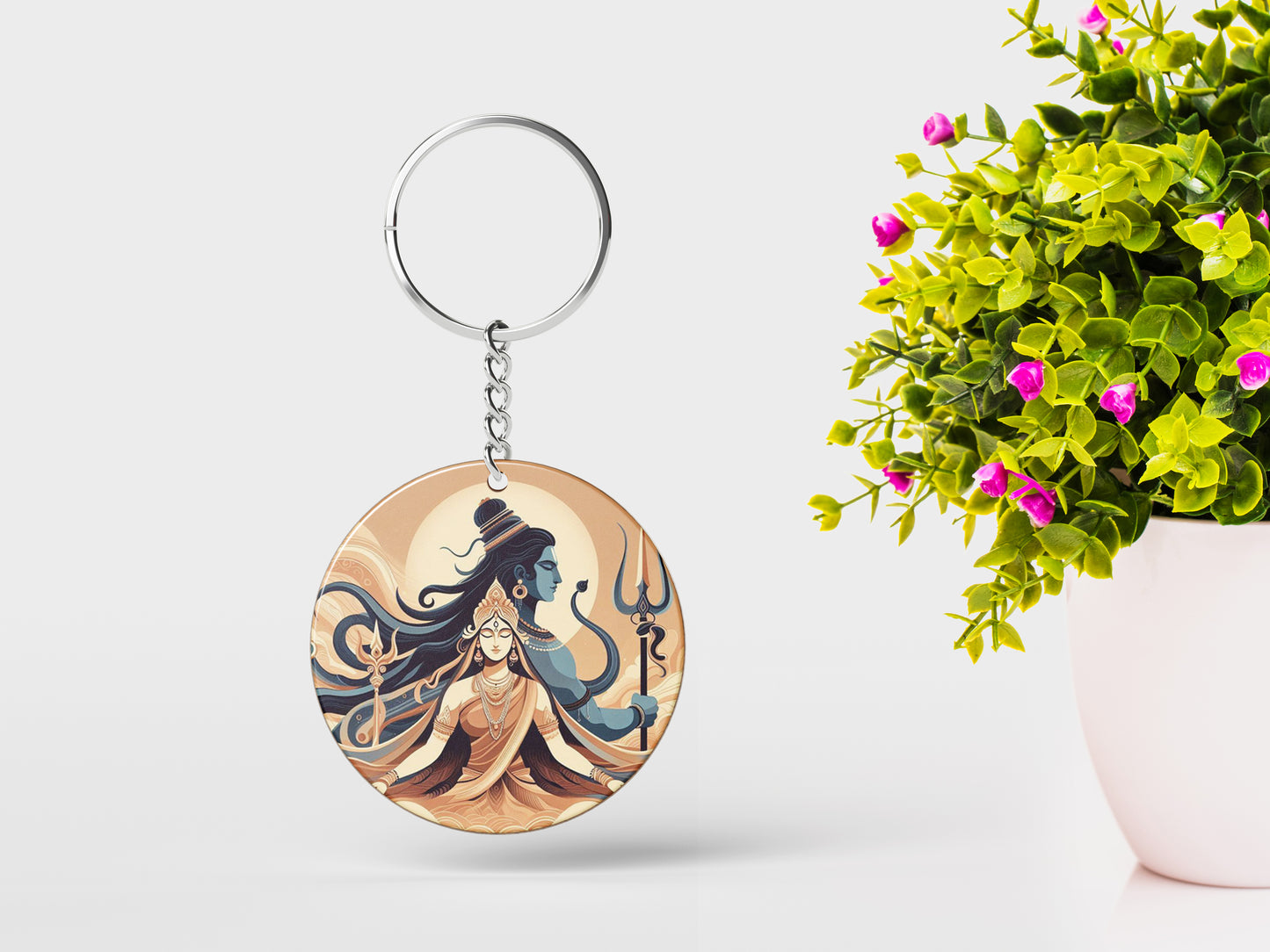 Maha Shivratri Lord Shiva Artwork, Mahadev illustration Printed Round Circle Shape Wooden Keyring with Chain