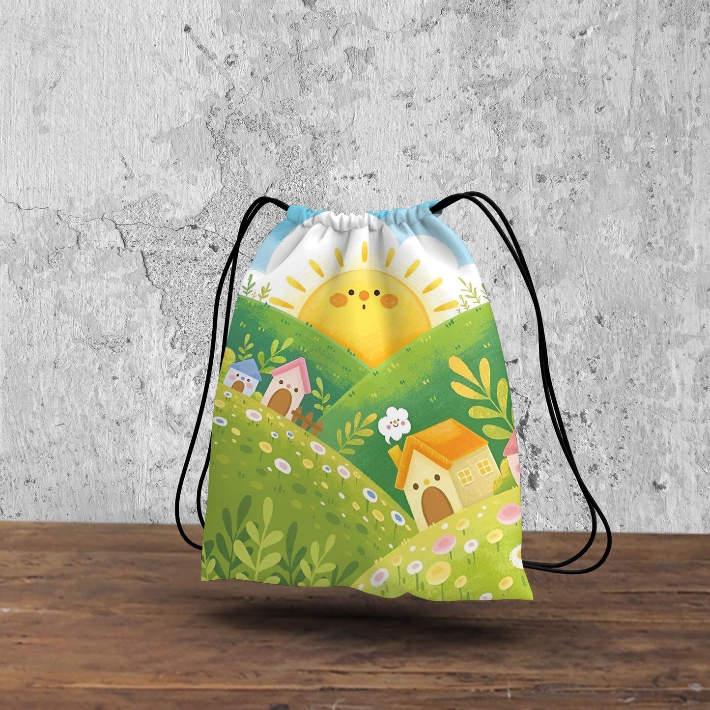 Sun and Mountains Pattern Polyester String Backpack Bags for kids for Gym, Yoga, Tuition ,Beach Bag for 4-10 year boys and girls