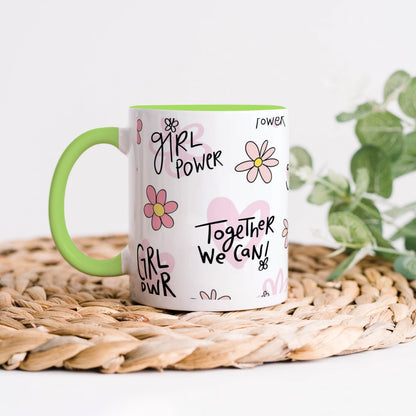 Cute pink flower and heart drawings Seamless pattern Light Green Handle 330 ml Coffee Mug