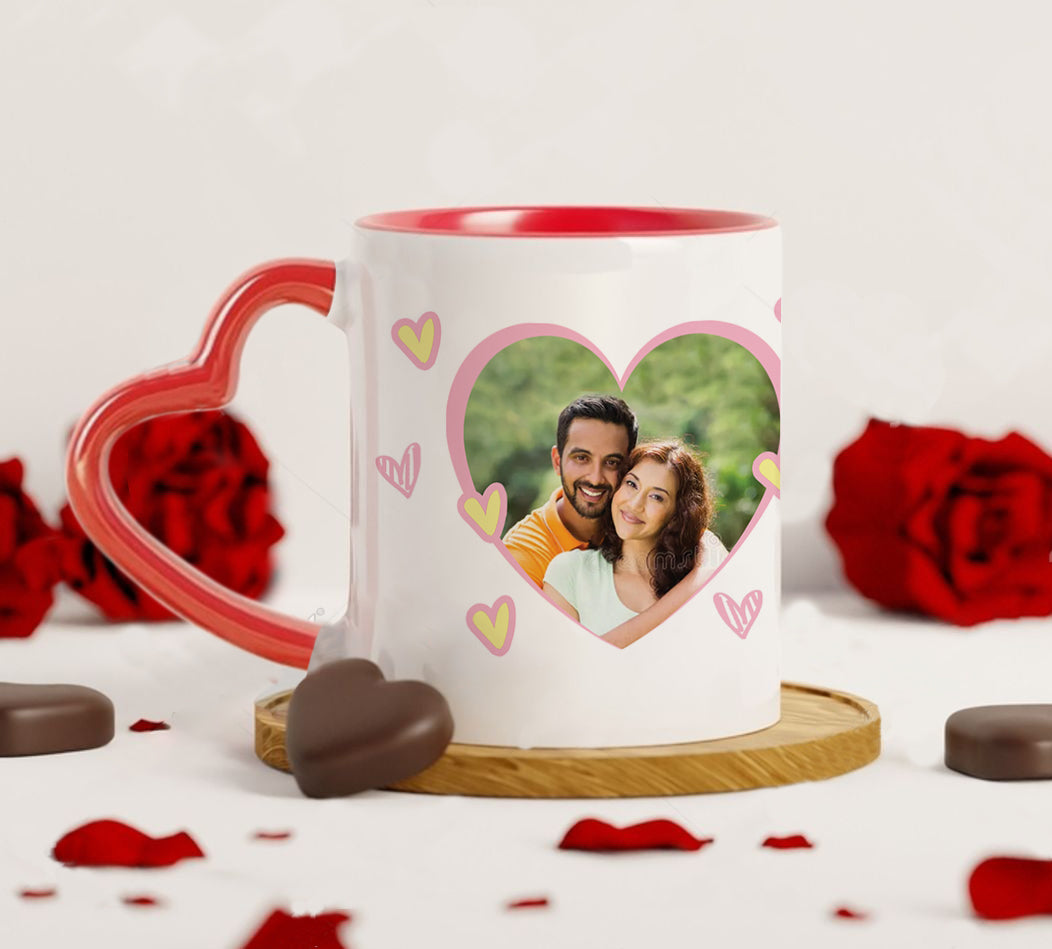 Couple Customized Add Two Photos Red Heart Handle 330 ml Coffee Mug