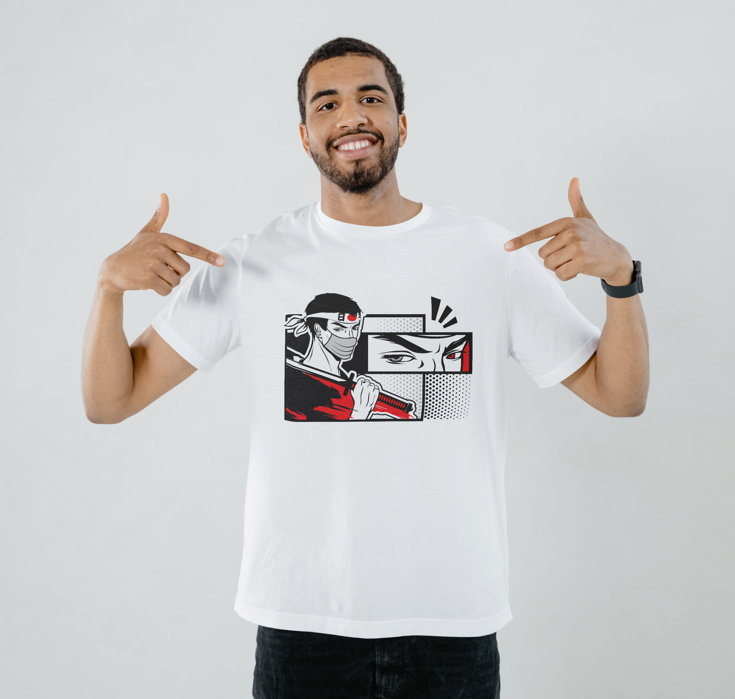 Masked samurai warrior holds a katana on his shoulder Printed White Round Neck Polyester T Shirt for Mens and woman's