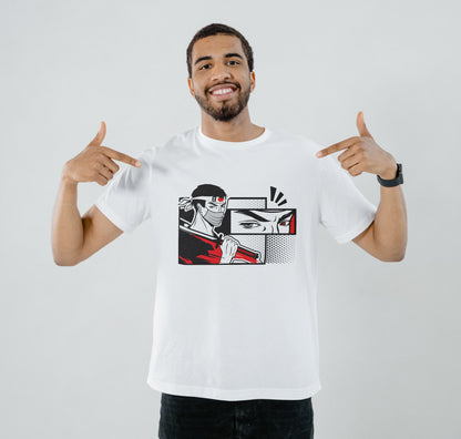 Masked samurai warrior holds a katana on his shoulder Printed White Round Neck Polyester T Shirt for Mens and woman's