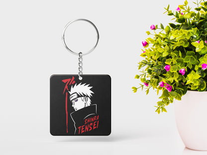 All Mighty Pain Printed Square Shape Wooden Keyring with Chain
