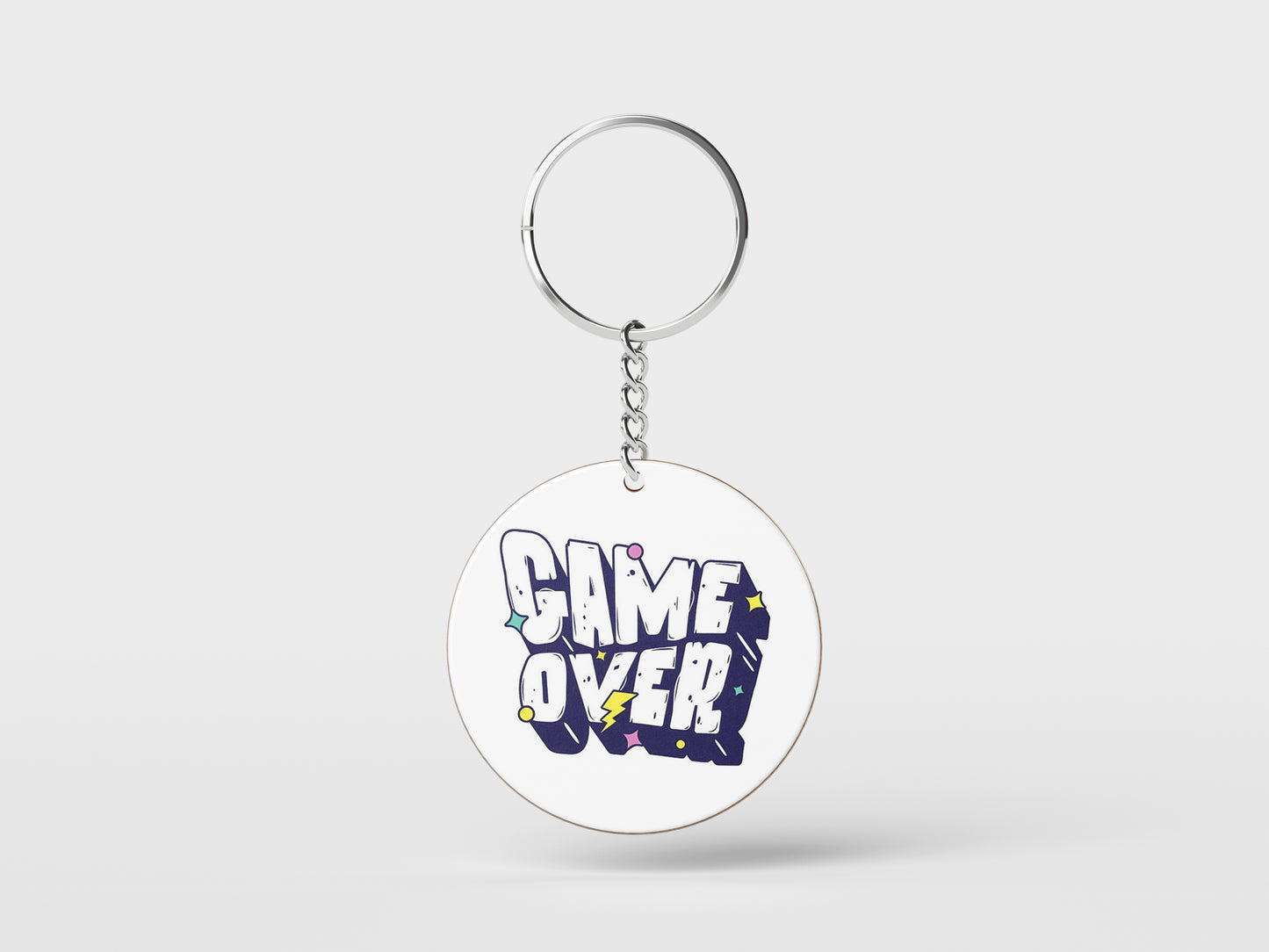 Game Over Digital Graphic Design Printed Circle Shape Wooden Keyring with Chain