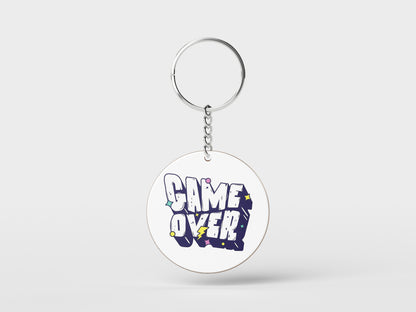 Game Over Digital Graphic Design Printed Circle Shape Wooden Keyring with Chain