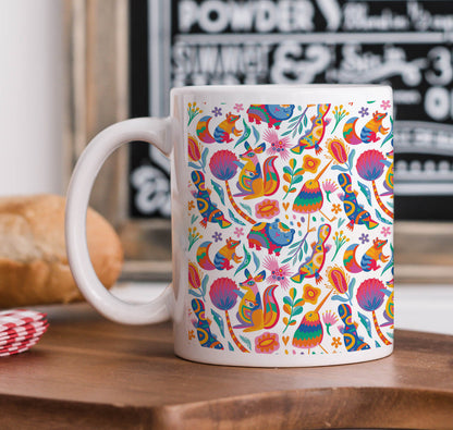 Seamless Animals, Flowers and Leaves Pattern Printed 330 ml White Coffee Mug with Square Shape Wooden Keyring and Chain