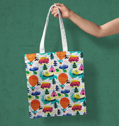 Animals explore the world seamless pattern Printed Design White Tote Bag (14 X 16 Inches) For Shopping, College, Travel