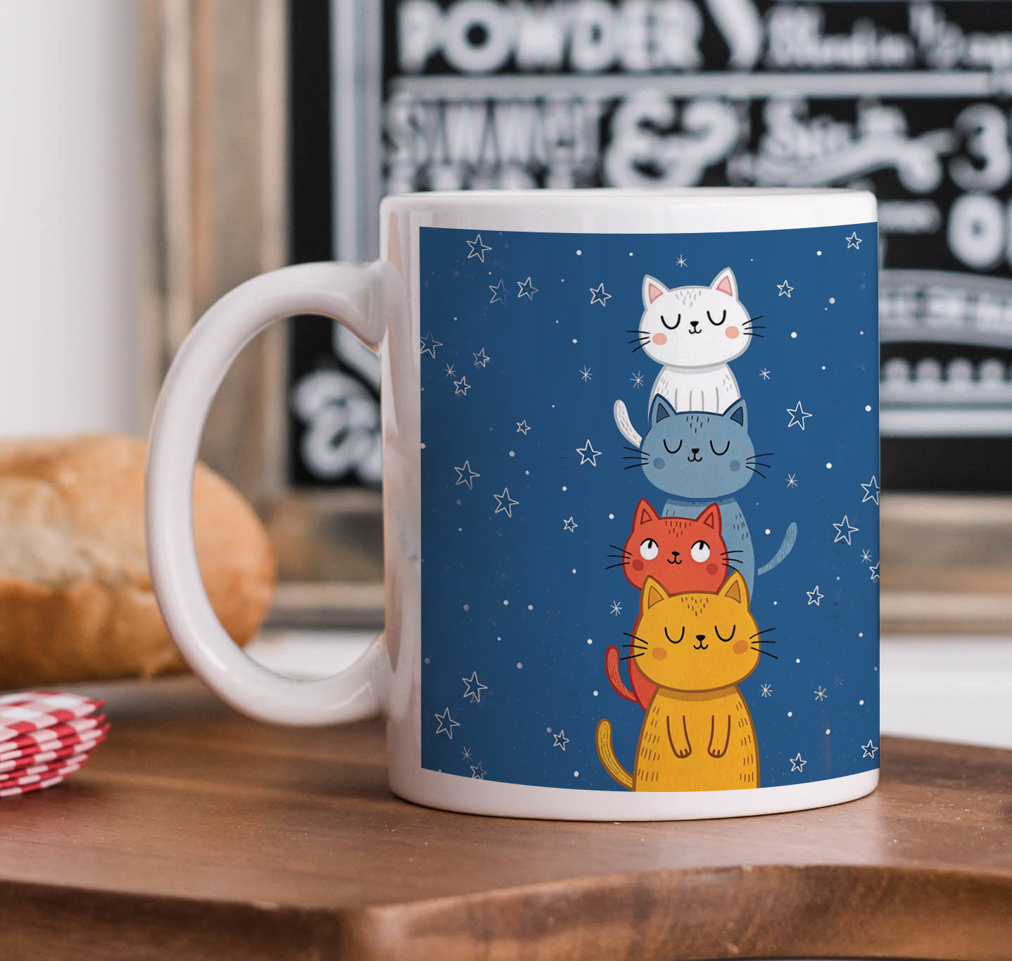 Cat illustration Pattern Printed 330 ml White Coffee Mug with Square Shape Wooden Keyring and Chain