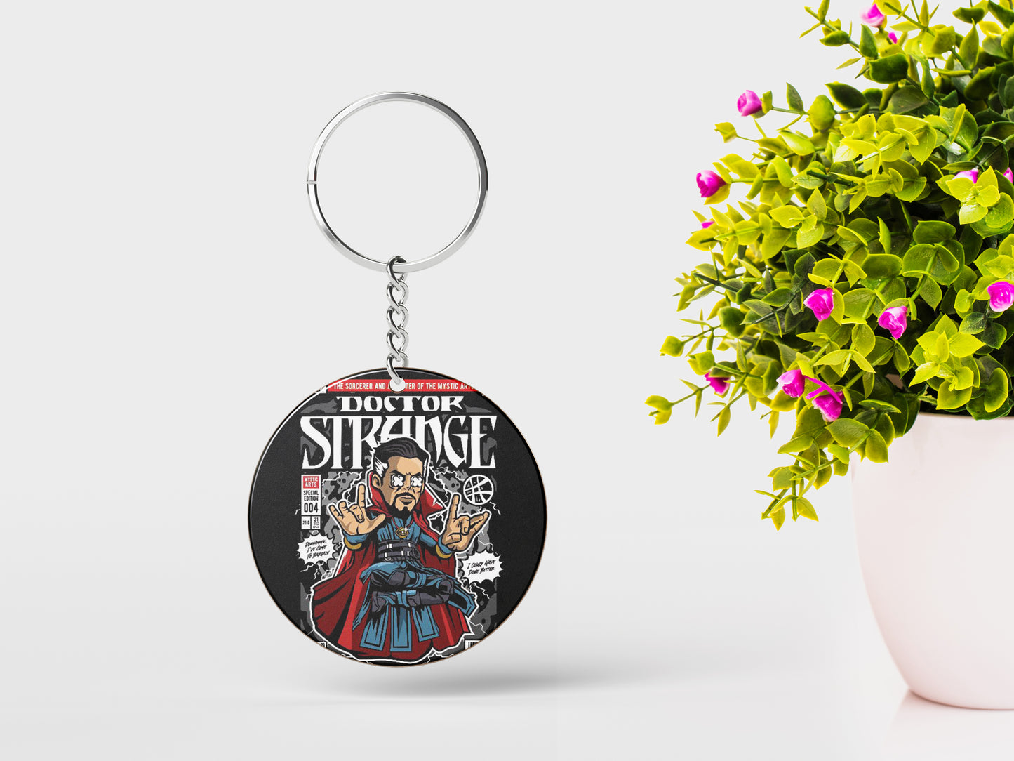 Pop art dr strange vector image Printed Round Circle Shape Wooden Keyring with Chain