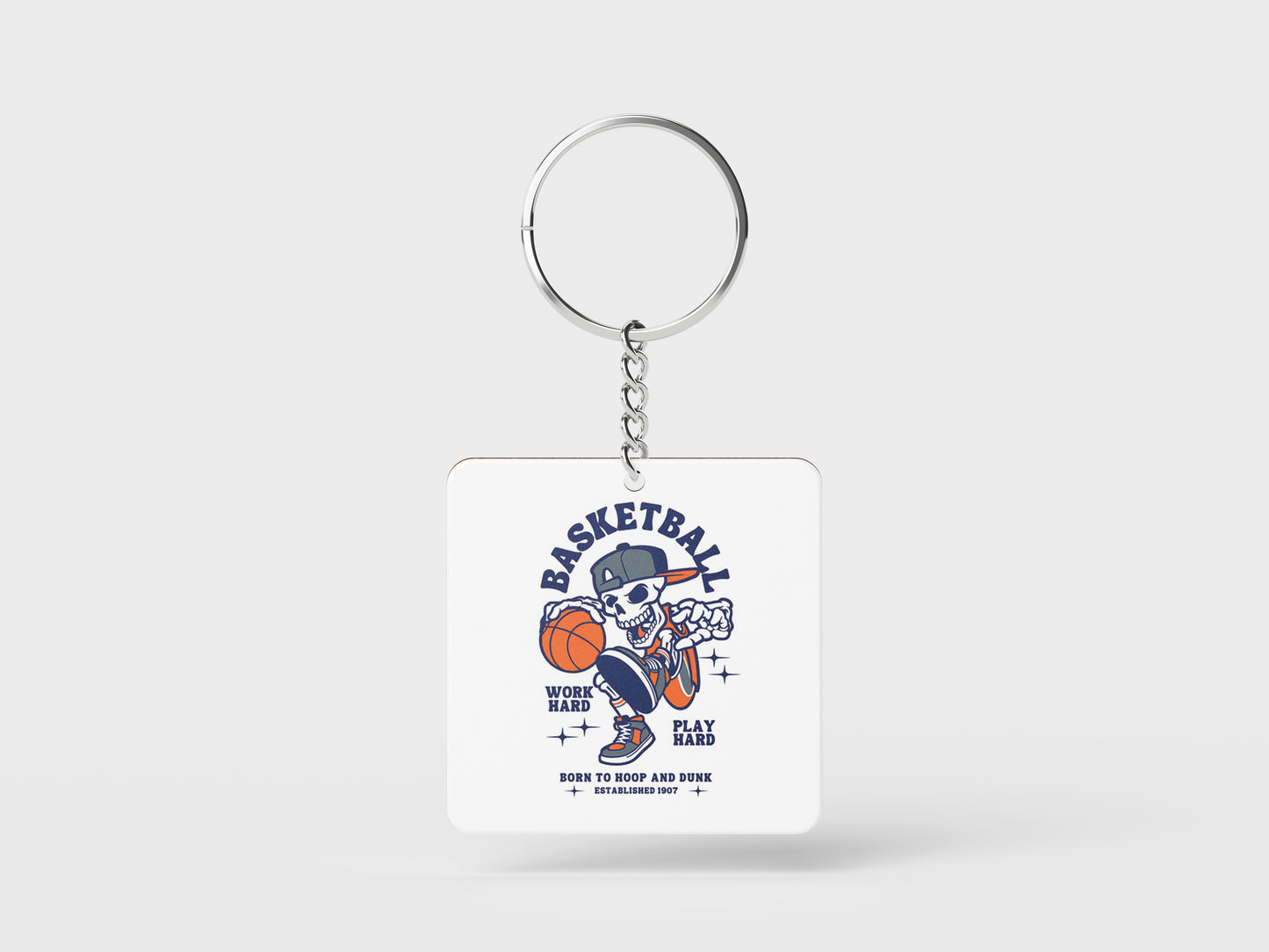 Basketball Skeleton Playing Basketball Halloween Printed Square Shape Wooden Keyring with Chain