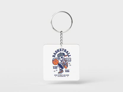 Basketball Skeleton Playing Basketball Halloween Printed Square Shape Wooden Keyring with Chain