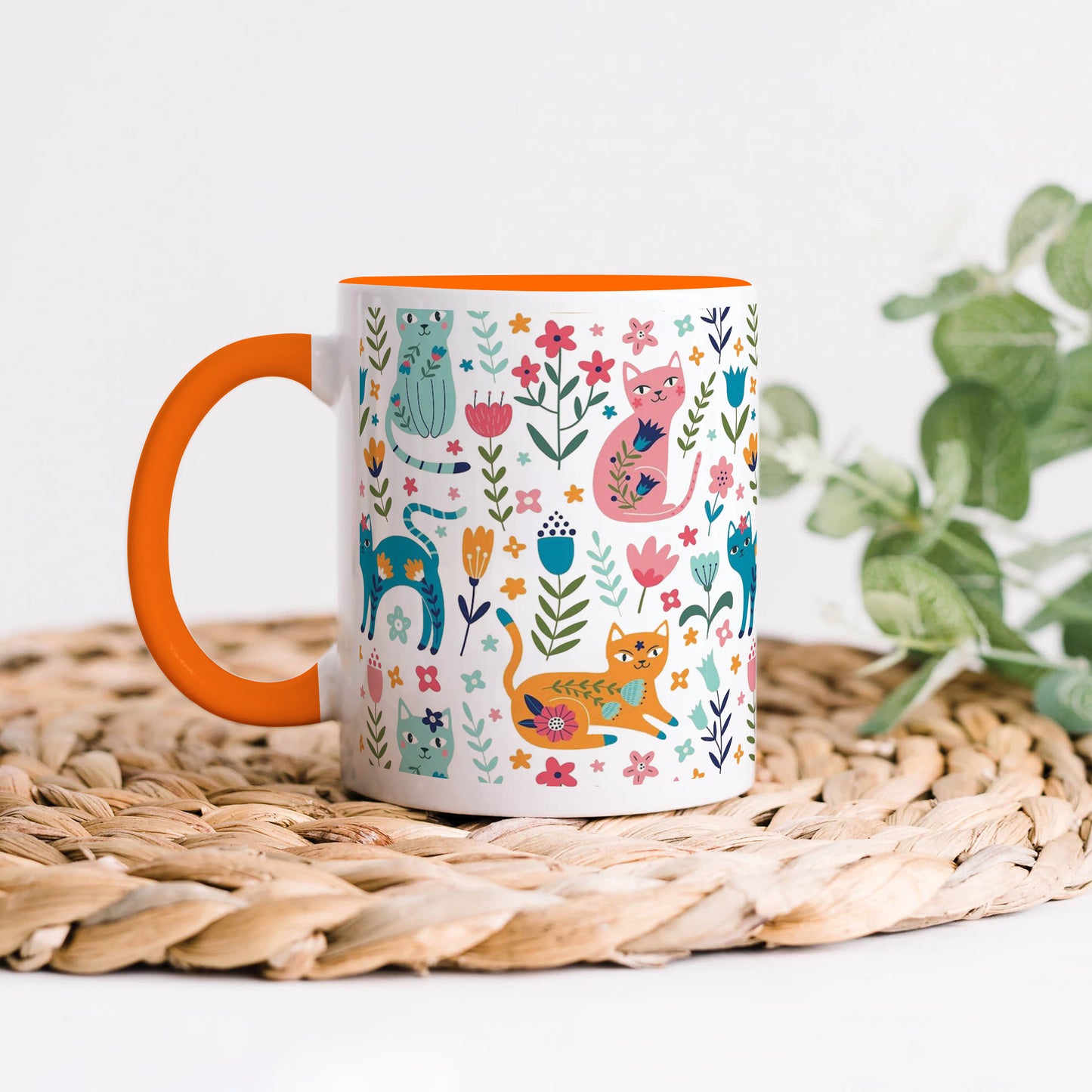 Vector seamless pattern with flowers and cats Cute Flower in cartoon style Handle 330 ml Coffee Mug