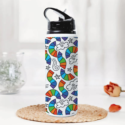 Hand drawn rainbow pattern design Printed Black Nozzle Water Bottle 750 ml For Gym, Yoga, Kids, Boys, Girls, Brother, Sister, Babies, Baby, Workout, Adults