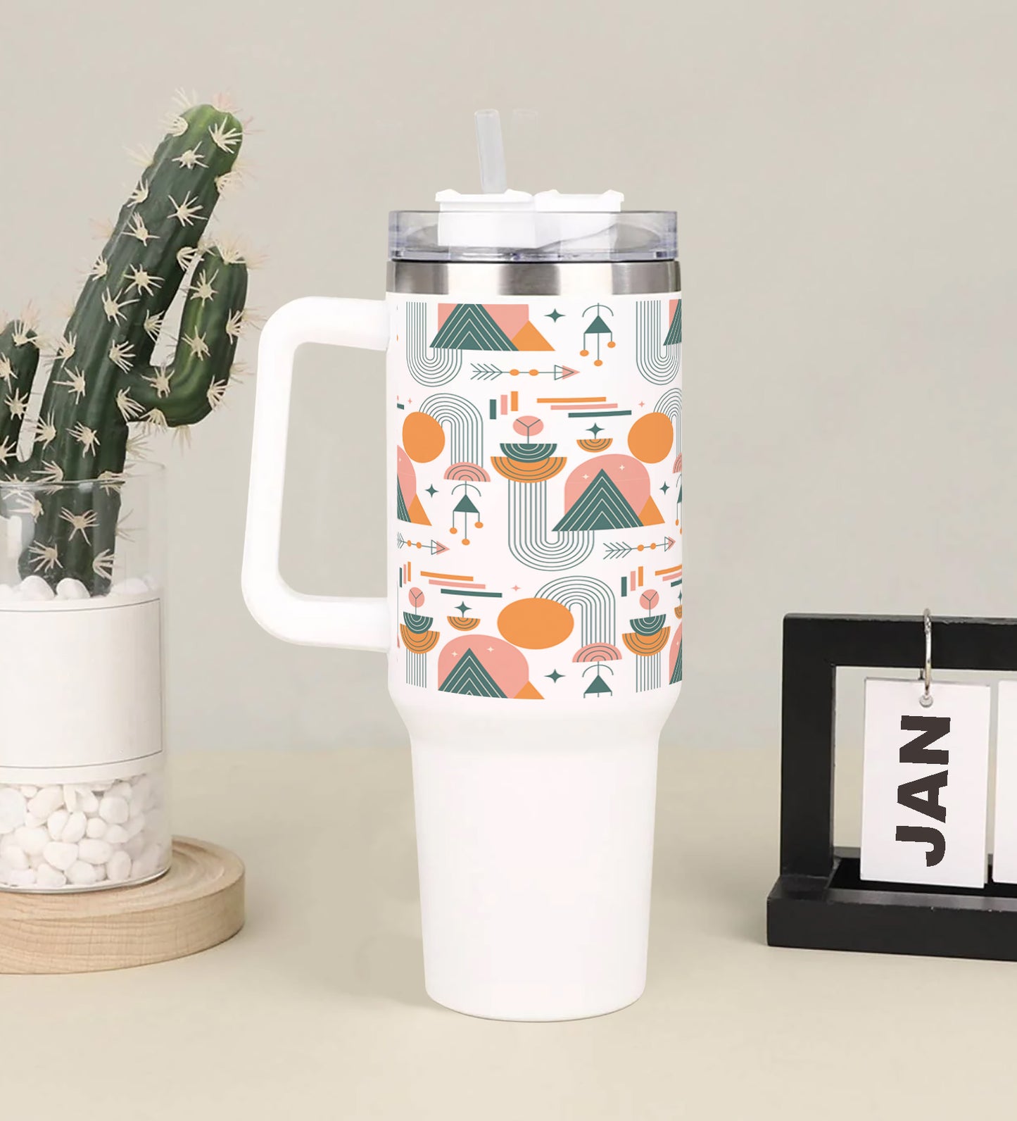 Hand drawn boho geometric pattern Printed 850ML with Lid Leak Proof Big Travel Tumbler with Handle and Straw