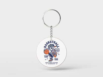 Basketball Skeleton Playing Basketball Halloween Printed Circle Shape Wooden Keyring with Chain