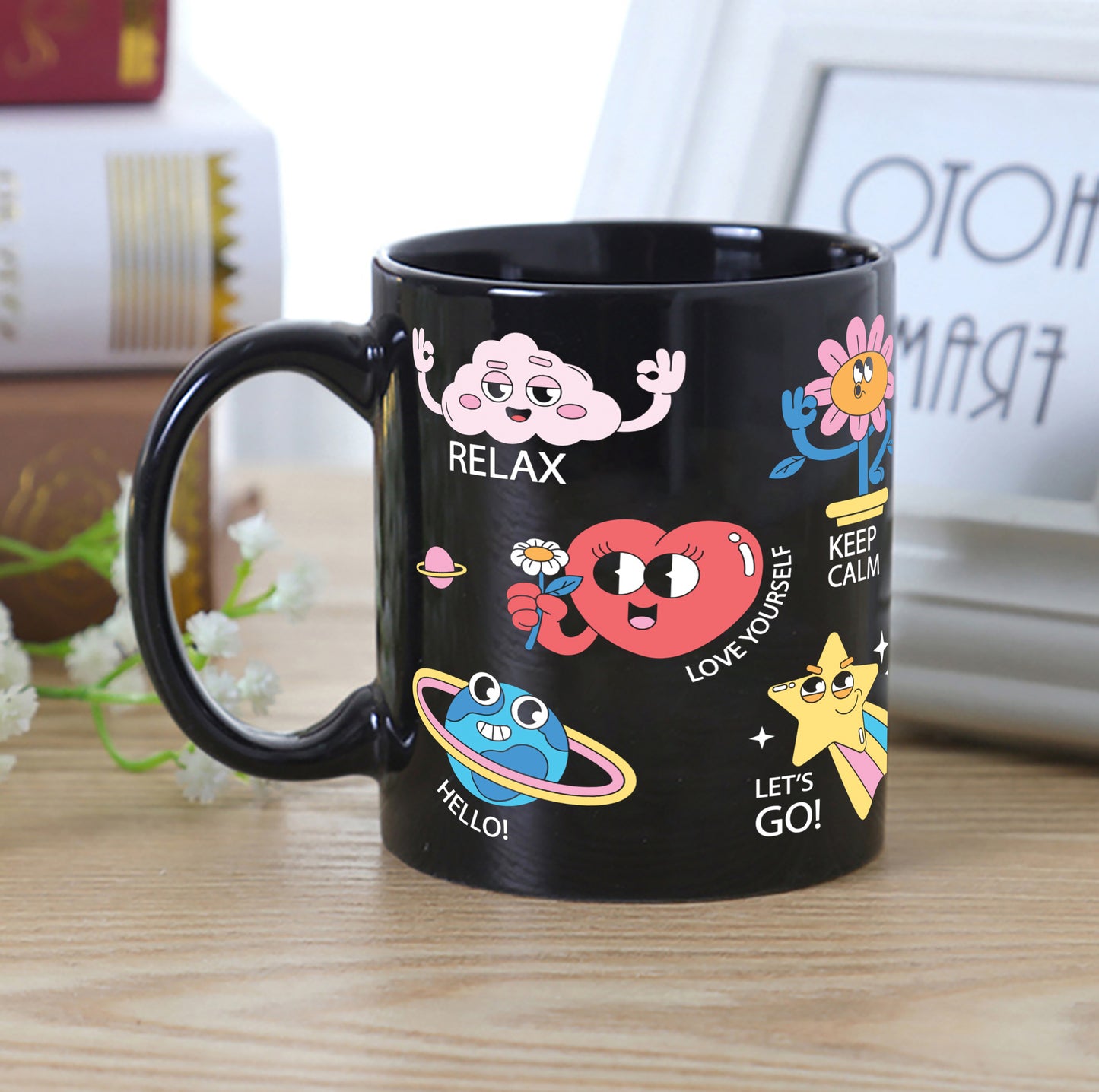 Hand drawn trendy cartoon badges design pattern Full Black 330 ml Coffee Mug