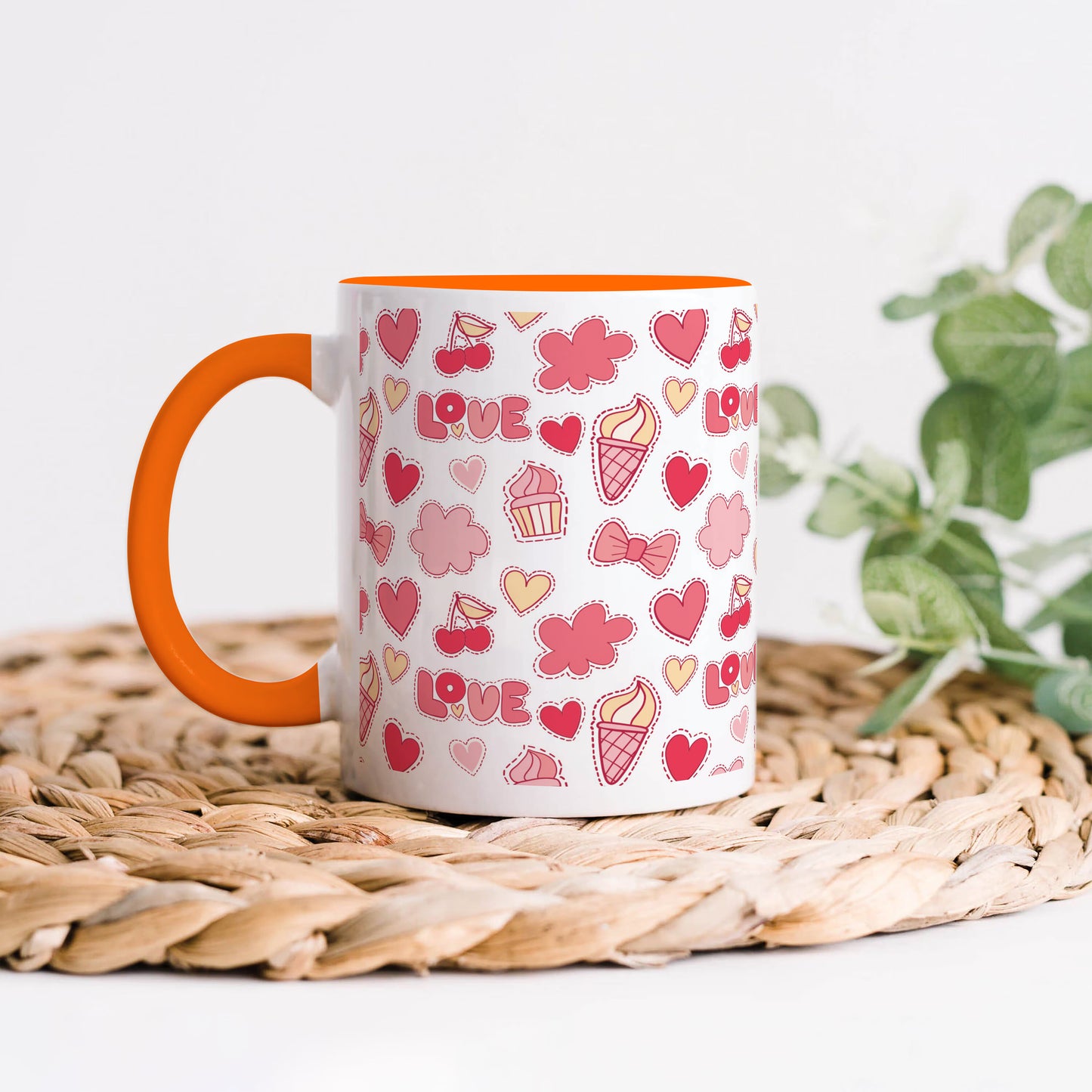 Retro pattern of decorative love elements design Orange Handle 330 ml Coffee Mug