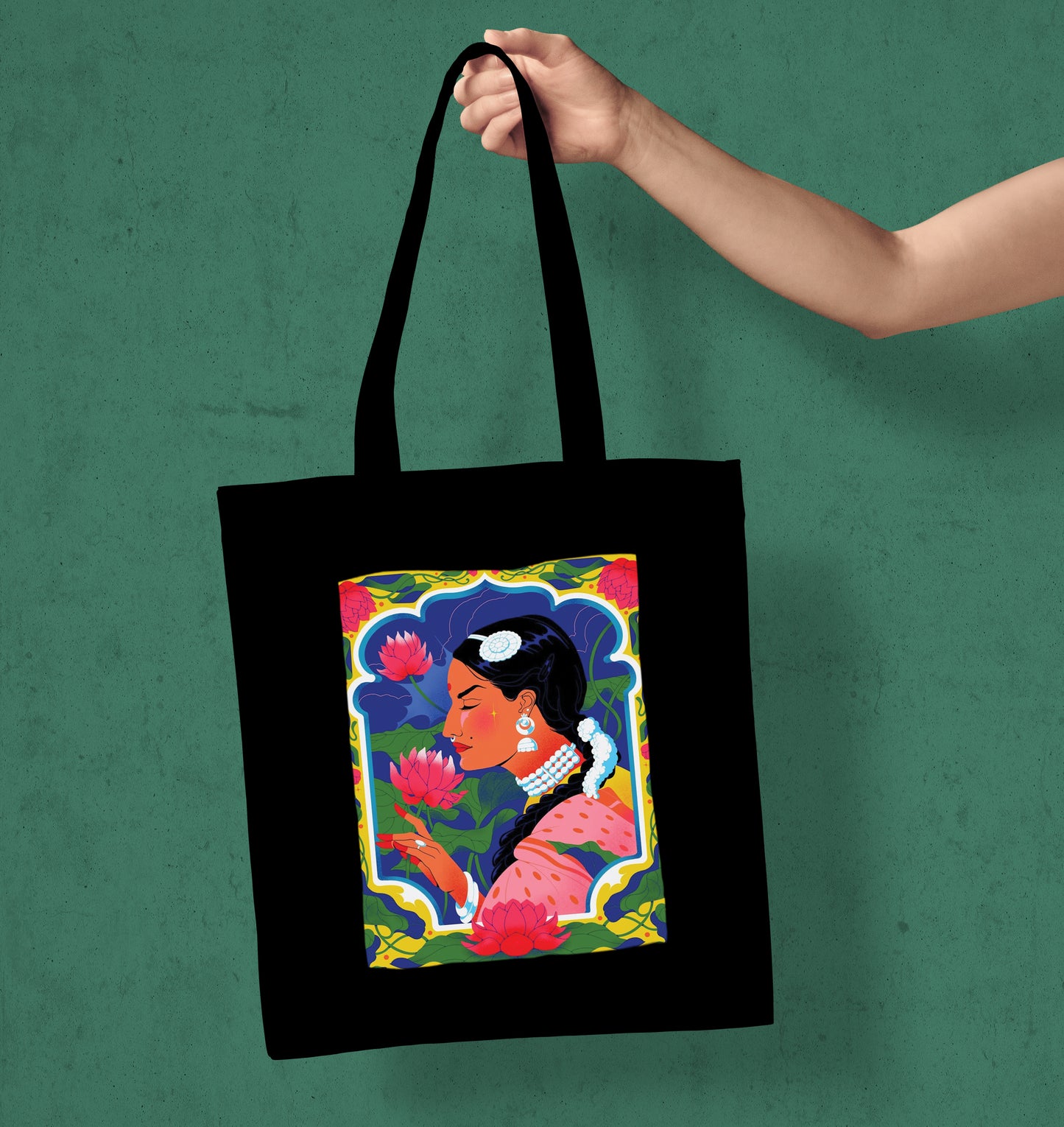 Beautiful woman illustration Design Printed Black Patch With Pocket Tote Bag (14 X 16 Inches) For Shopping, College, Travel