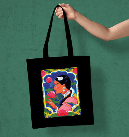 Beautiful woman illustration Design Printed Black Patch With Pocket Tote Bag (14 X 16 Inches) For Shopping, College, Travel