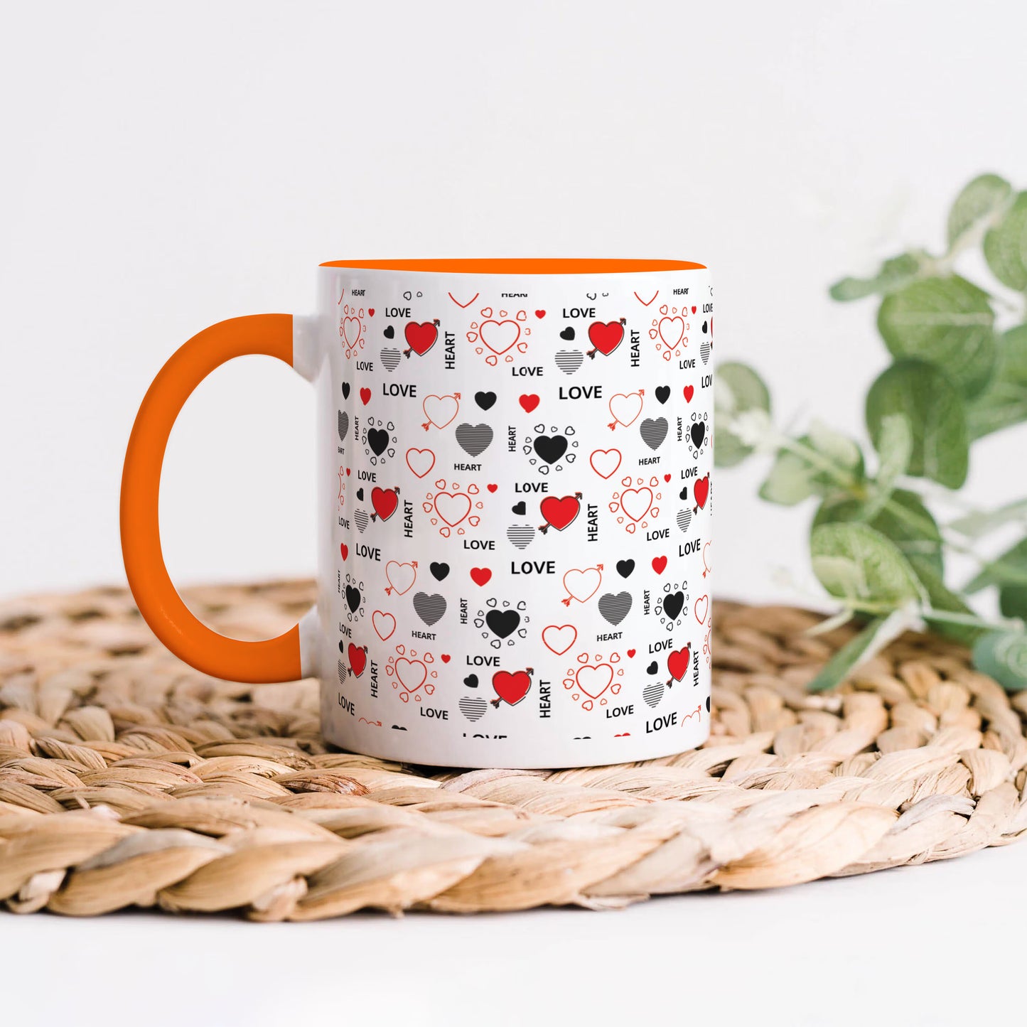 Romantic Hand Drawn Elements With Love Lettering design Orange Handle 330 ml Coffee Mug